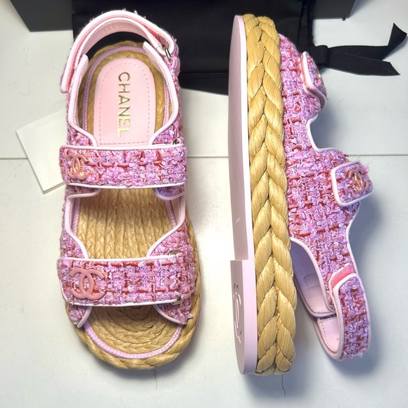NEW CHANEL 22P DAD SANDALS CC LOGO PINK PURPLE TWEED PAT.LEATHER SZ 38 - Picture 9 of 16